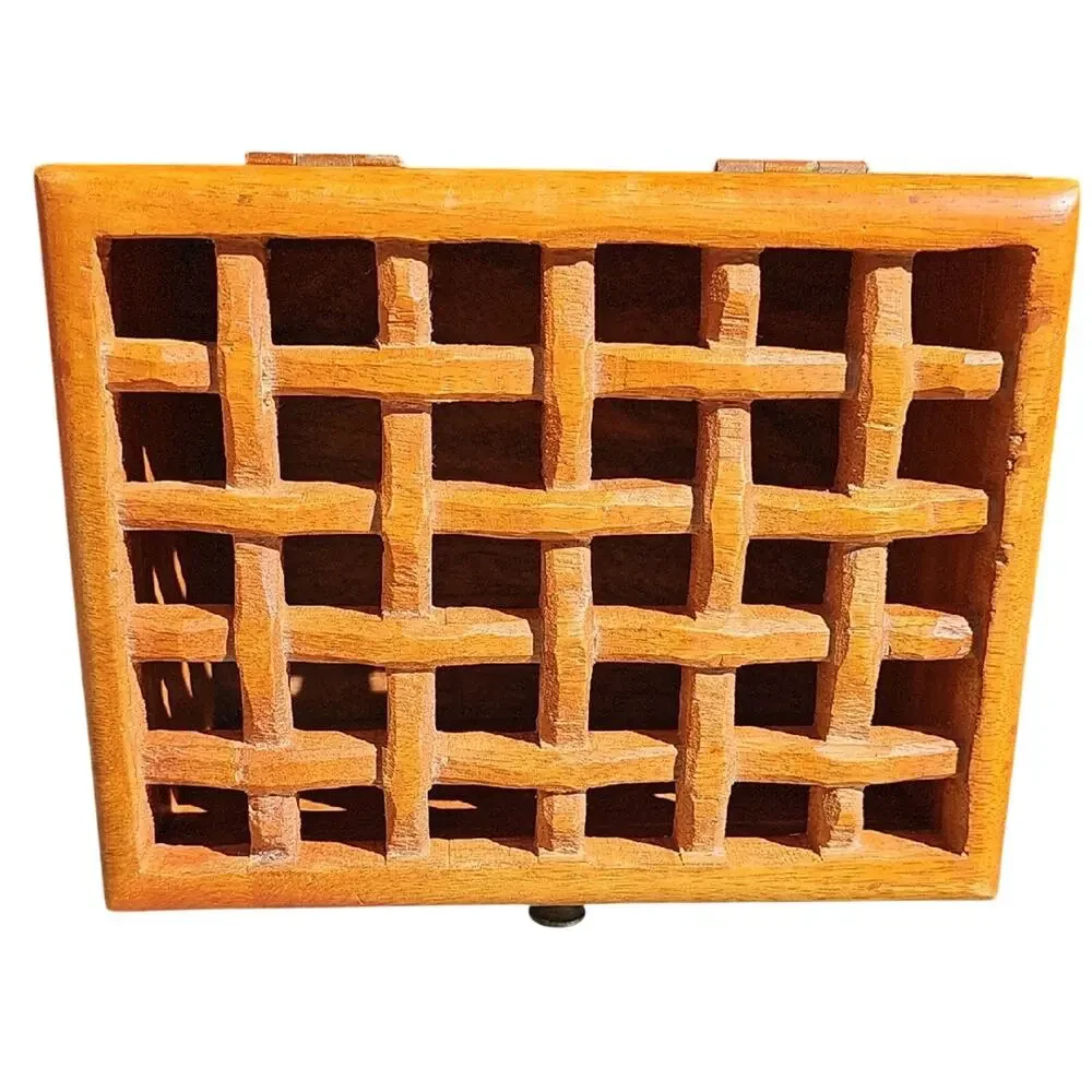 Handcrafted in India Wooden Box with Leaf Motif Open Weave Lattice Design on Lid